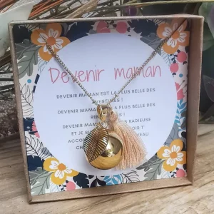 Bola de grossesse en plaqué or - Plume et pompon beige